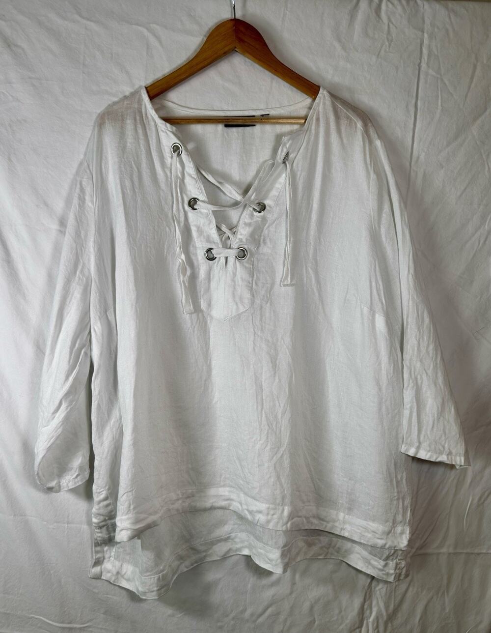 Rafaella Womens White Linen Lace Up 3/4 Sleeve Top Size 2X? Resort Beach